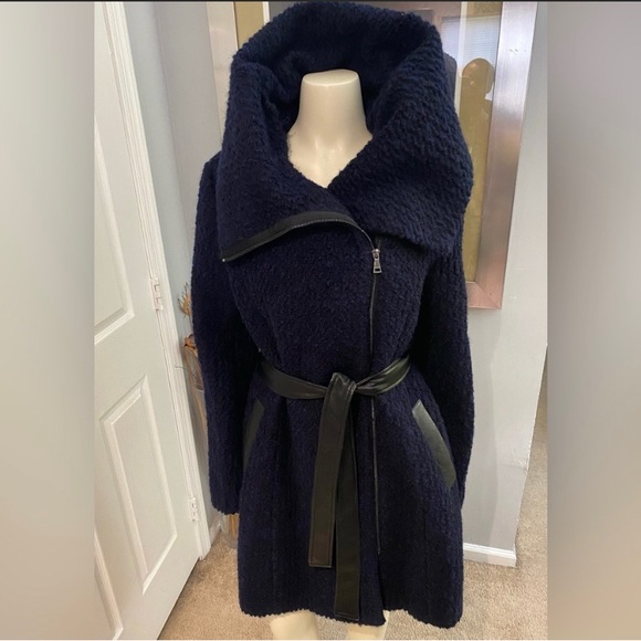 Cole Haan Signature Wool Blend Boucle Oversized Collar Blue Navy Pea Coat - Picture 1 of 7